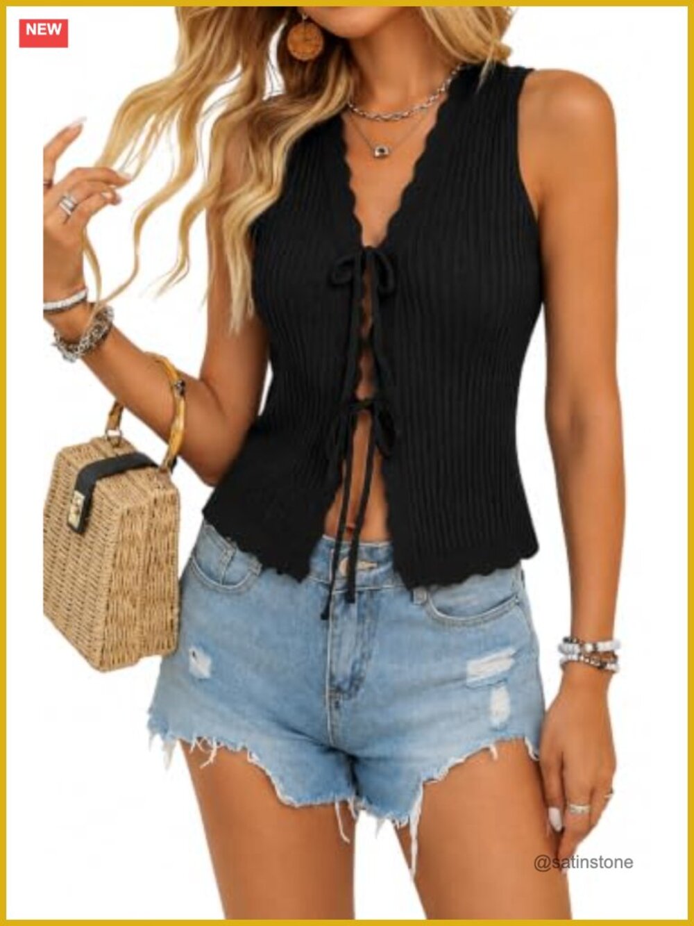 Womens Sweater Vest Tie Front Scalloped Sleeveless Open Knit Top